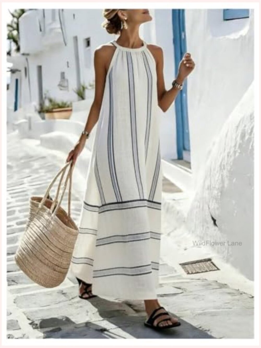 Striped Halter Maxi Dress Sleeveless A-Line Flowy Summer Casual Long Sundress - Picture 5 of 6